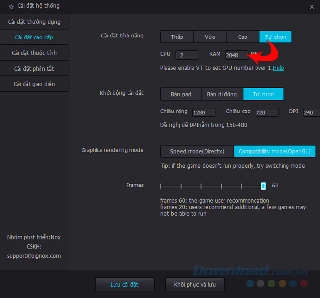 Tùy chọn cấu hình hoặc tự điều chỉnh lượng RAM muốn cấp cho giả lập NoxPlayer