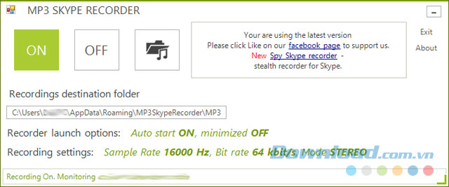 Giao diện phần mềm MP3 Skype Recorder