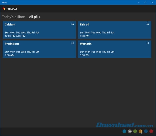 Danh sách tất cả các viên thuốc trong ứng dụng nhắc nhở miễn phí Pillbox cho máy tính và Windows 10 Mobile