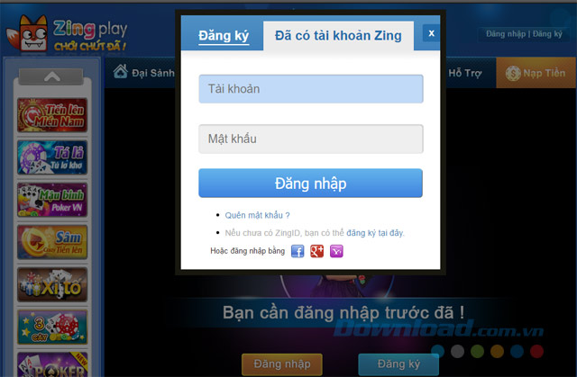 ZingPlay Cờ tướng hỗ trợ đăng nhập bằng nhiều hình thức khác nhau
