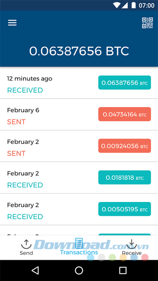 Menu ứng dụng Bitcoin Wallet 