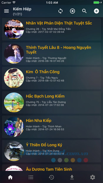 Giao diện chính của ứng dụng Truyện kiếm hiệp Giao diện chính của ứng dụng Truyện kiếm hiệp