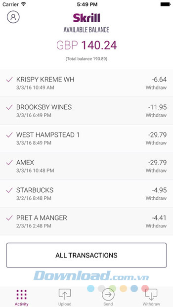 Giao diện ứng dụng Skrill