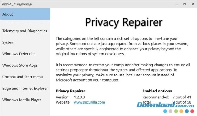 Giao diện làm việc của Privacy Repairer