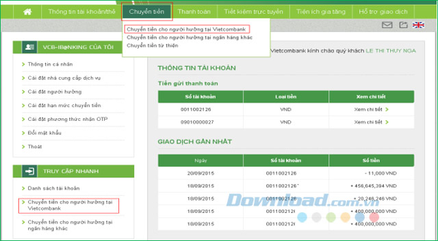  Chuyển tiền trong và ngoài hệ thống trên VCB-iB@nking.