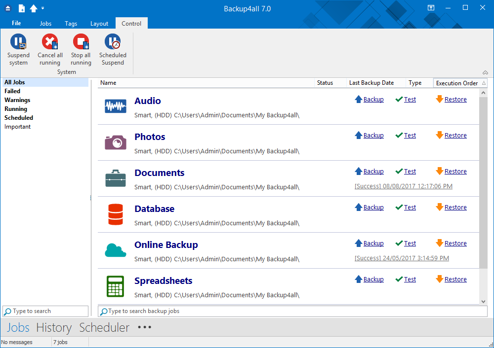 Giao diện Control của Backup4all Professional