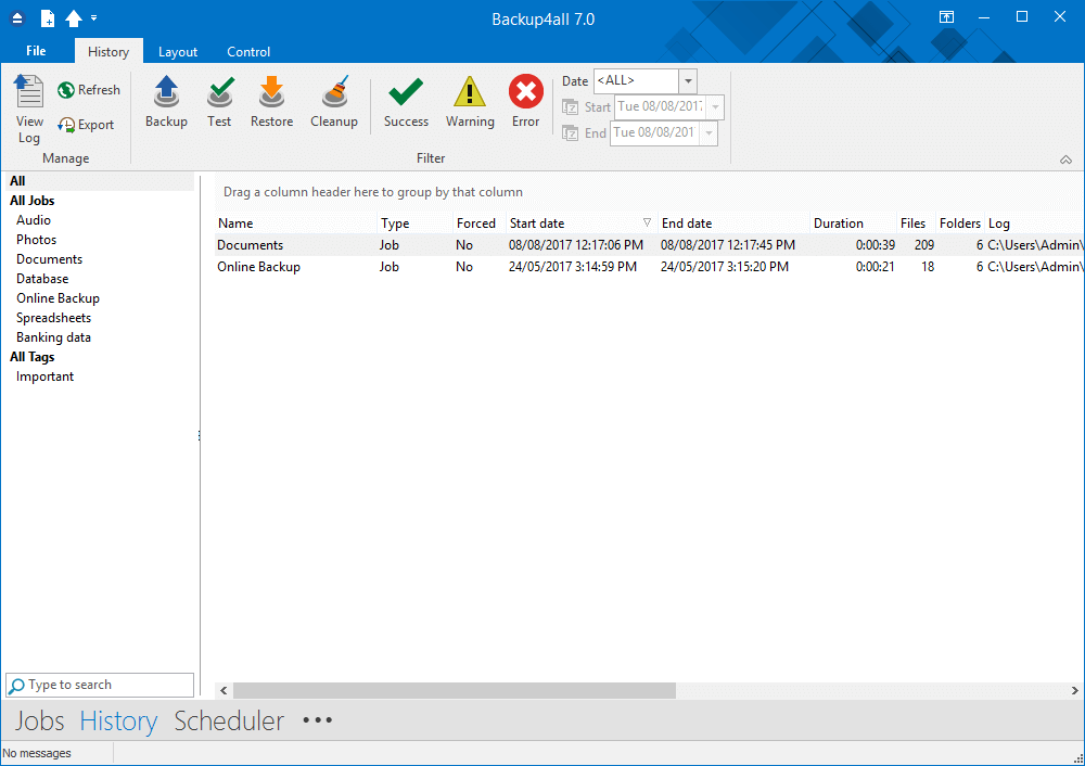 Giao diện quản lý nhật ký của Backup4all Professional