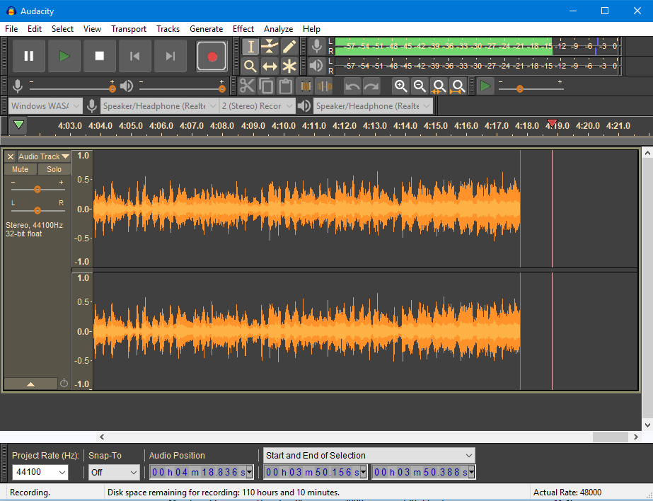 Audacity 2.2.0 theme màu tối chạy trên Windows 10