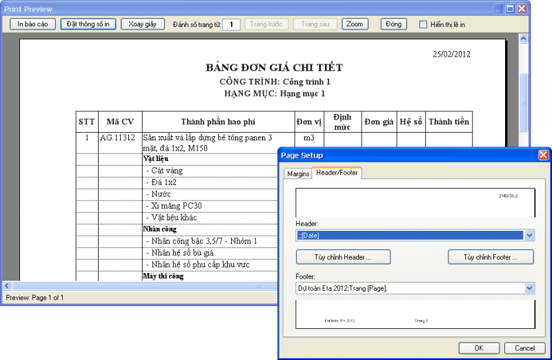 In ấn dự toán dễ dàng trên Dự toán Eta