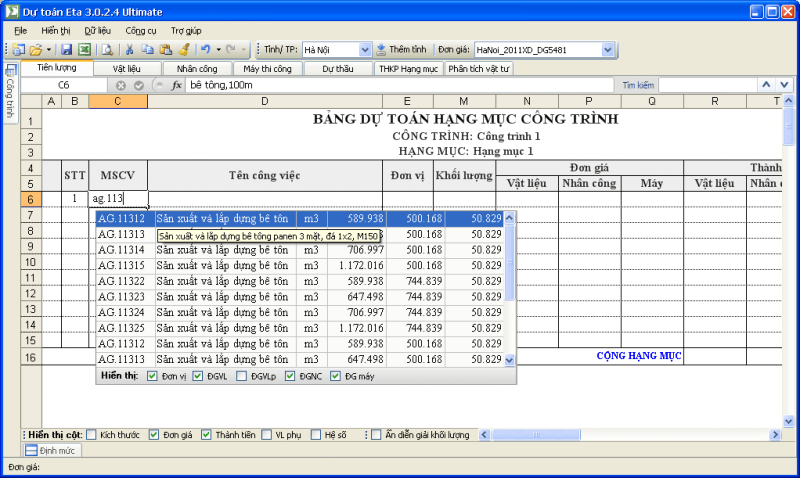 Bảng dự toán hạng mục công trình trên Eta