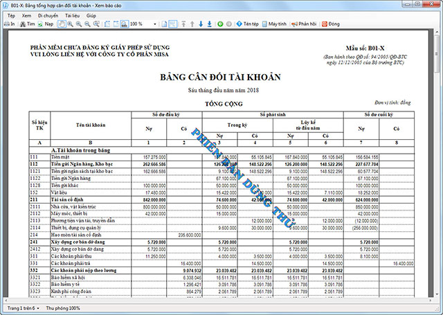 Phiên bản dùng thử trong MISA Bamboo.NET X1 2019