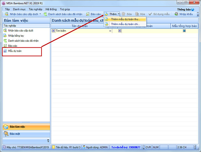 Mẫu dự toán thu, chi trong MISA Bamboo.NET X1 2019