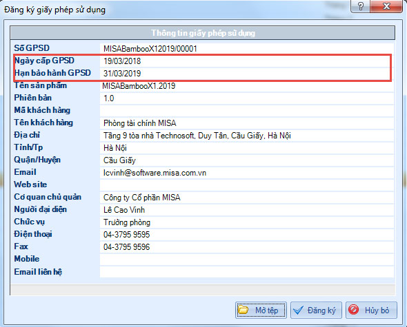 Đăng kí giấy phép sử dụng trong MISA Bamboo.NET X1 2019