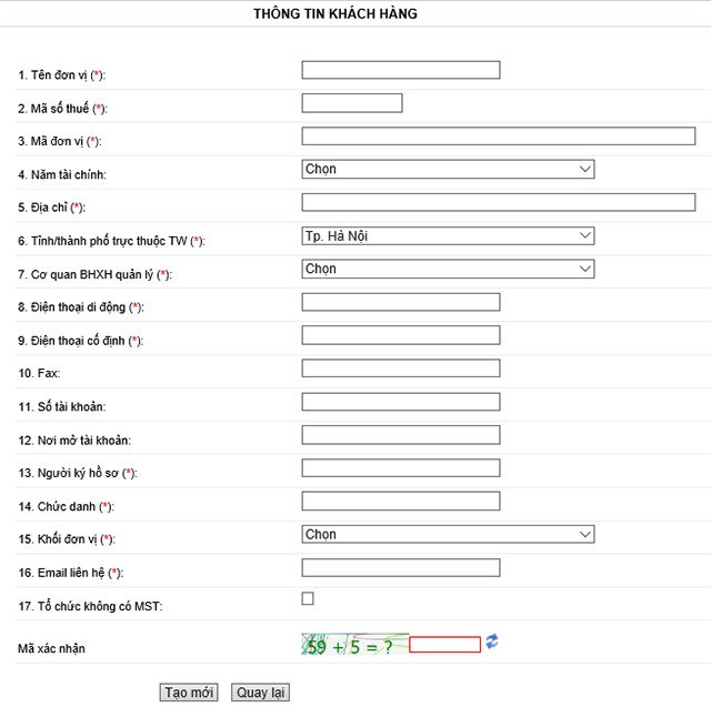 Nhập thông tin đăng ký VNPT BHXH