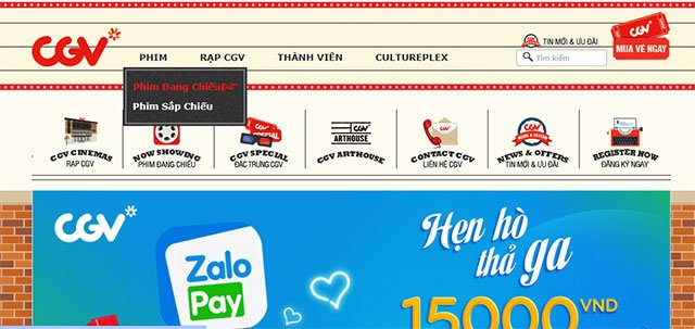 Giao diện chính của CGV
