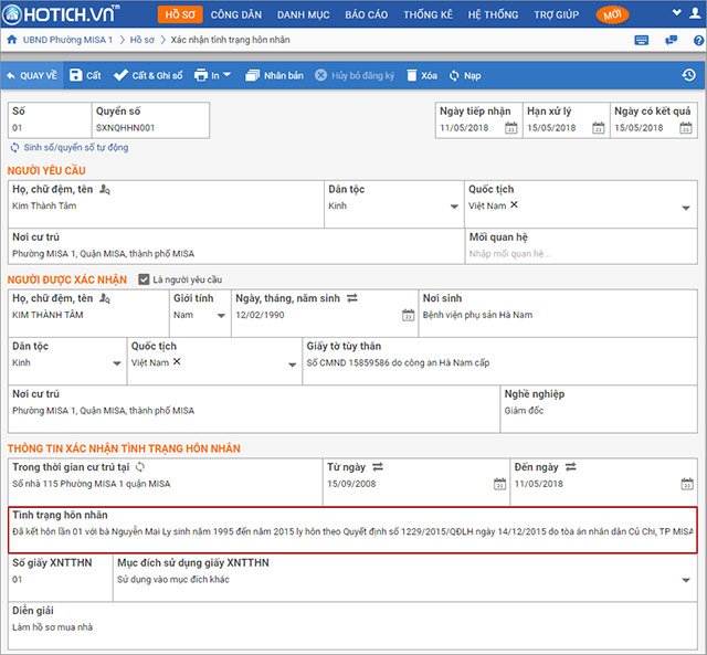 Khai báo tình trạng hôn nhân trên HOTICH.VN