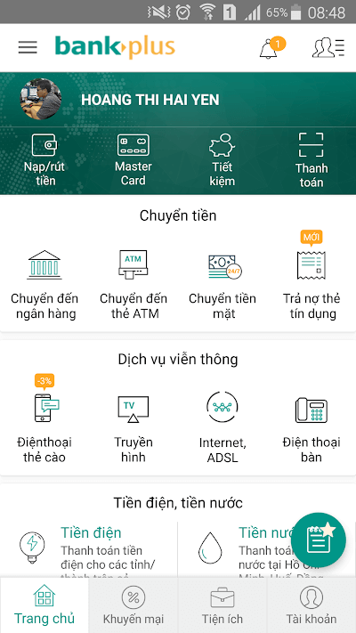 Giao diện làm việc chính của BankPlus for Android
