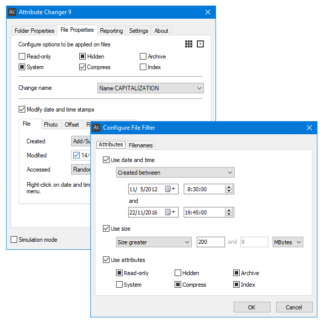 Bộ lọc file của Attribute Changer
