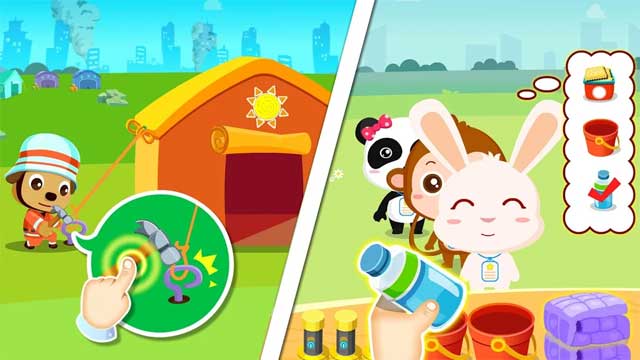 Dựng lều và phân phát đồ cứu trợ cho người dân