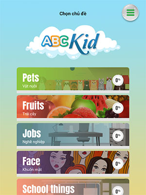 Giao diện lựa chọn chủ đề học trên ABCKid