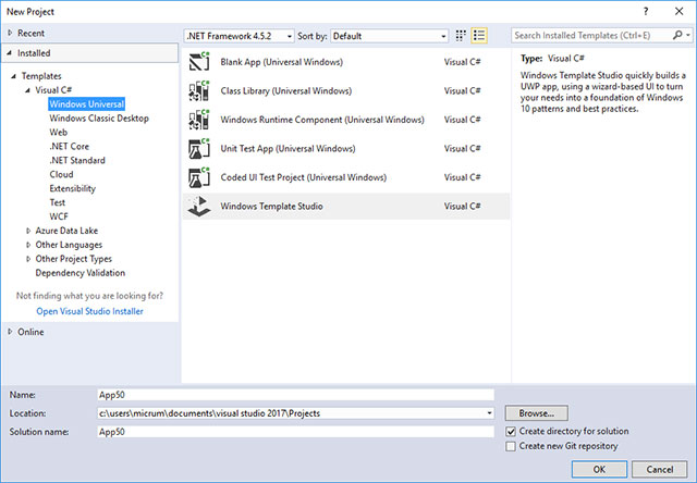 Giao diện Windows Template Studio