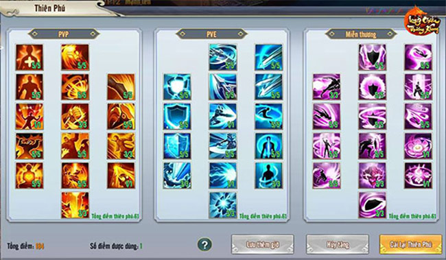 Thiên phú của nhân vật chơi Long Chiến Thương Khung