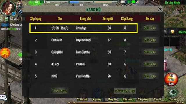 Bảng xếp hạng trên Võ Lâm 1 Mobile