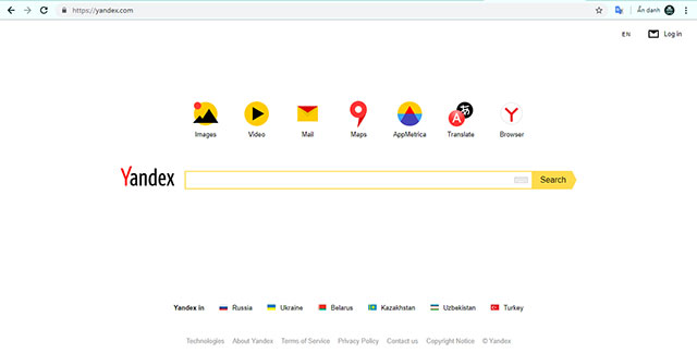 Giao diện trang chủ của Yandex Search