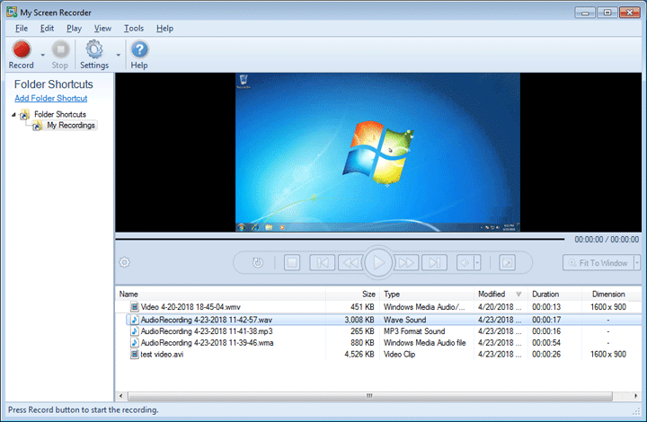Màn hình chính của My Screen Recorder