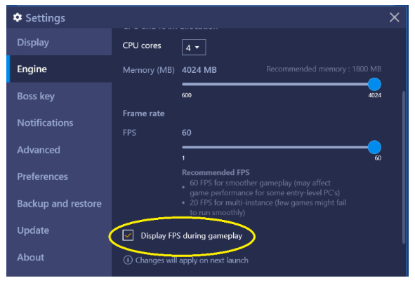 Hiển thị tỷ lệ khung hình khi chơi game trong BlueStacks