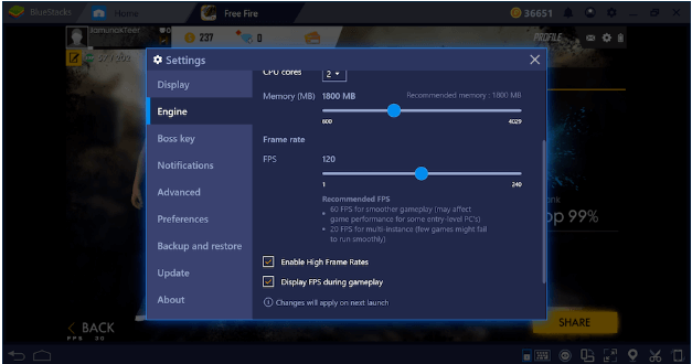 Tỷ lệ khung hình fps trong BlueStacks