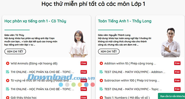 Lựa chọn lớp học miễn phí trên Vinastudy 