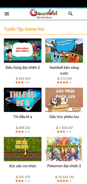Giao diện trang chủ của Gamevui