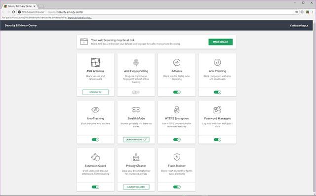 Giao diện trình của trình duyệt web bảo mật AVG Secure Browser