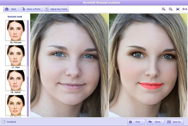 Giao diện chính của phần mềm trang điểm ảnh KeroSoft BeautyCreations 3.0