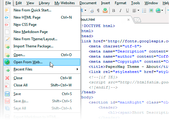 Bắt đầu nhanh công việc bằng CoffeeCup HTML Editor