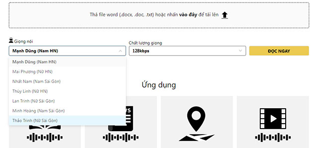 Lựa chọn giọng đọc trên Vbee