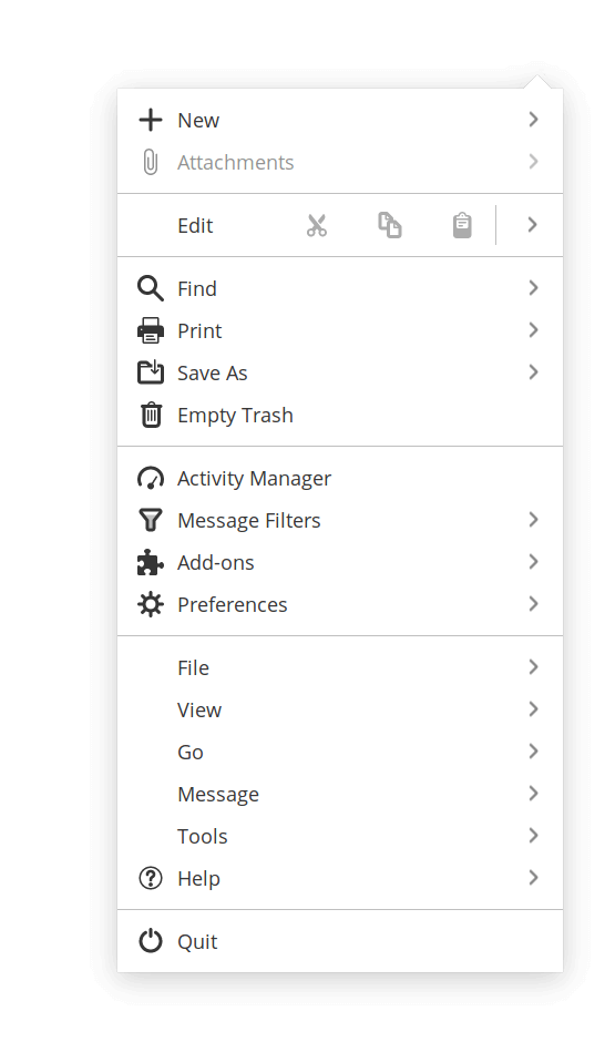 Menu ứng dụng mới trên Mozilla Thunderbird 68