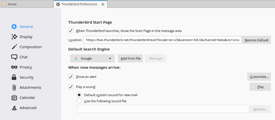 Tab cấu hình riêng trên Mozilla Thunderbird 68.0