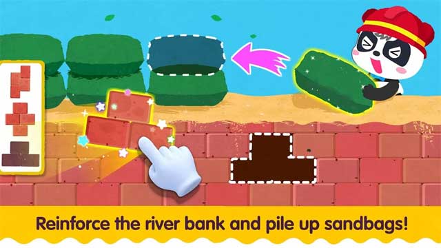 Giúp gấu trúc nhỏ Kiki dùng gạch và bao cát để gia cố bờ sông, chống ngập lụt 