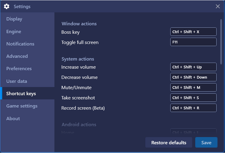 Bảng cấu hình phím tắt mới trong BlueStacks 4.130