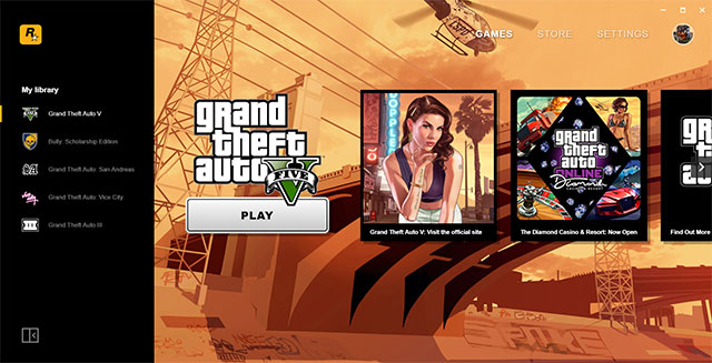 Giao diện chính của phần mềm quản lý và chơi game Rockstar Games Launcher