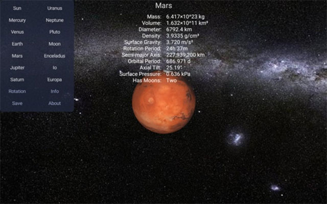 Planets 3D hiển thị hình ảnh hành tinh, sao, Hệ mặt trời chi tiết kèm thông tin