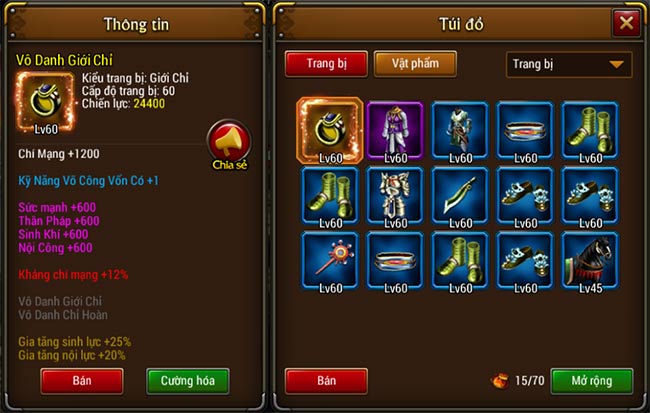 Thông tin vật phẩm trong Tình Võ Lâm