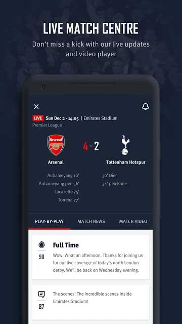 Trung tâm thông tin của Arsenal Official App cho Android