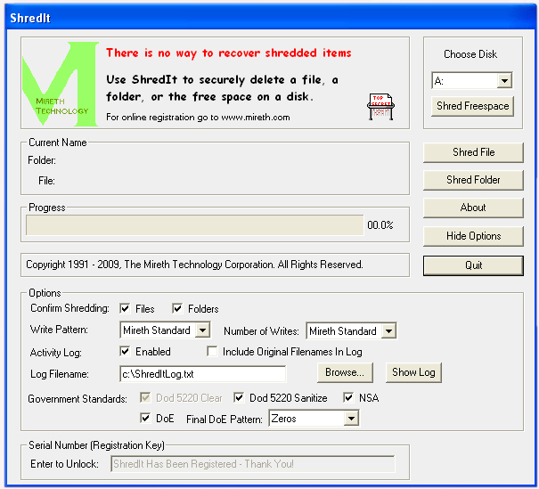 Giao diện chính của phần mềm hủy dữ liệu trên máy tính - ShredIt for Windows 
