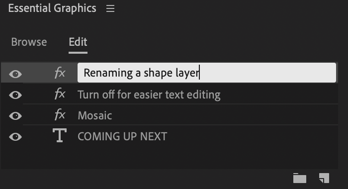 Đổi lại tên lớp hình dạng trong bảng Essential Graphics
