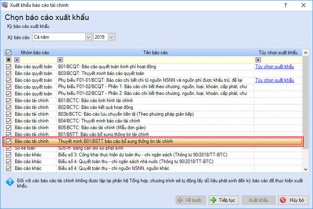 Phần mềm bổ sung thêm Thuyết minh B01/BSTT báo cáo bổ sung thông tin tài chính