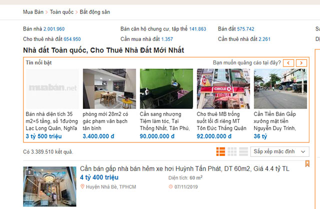 Thông tin rao vặt bất động sản trên Mua Bán