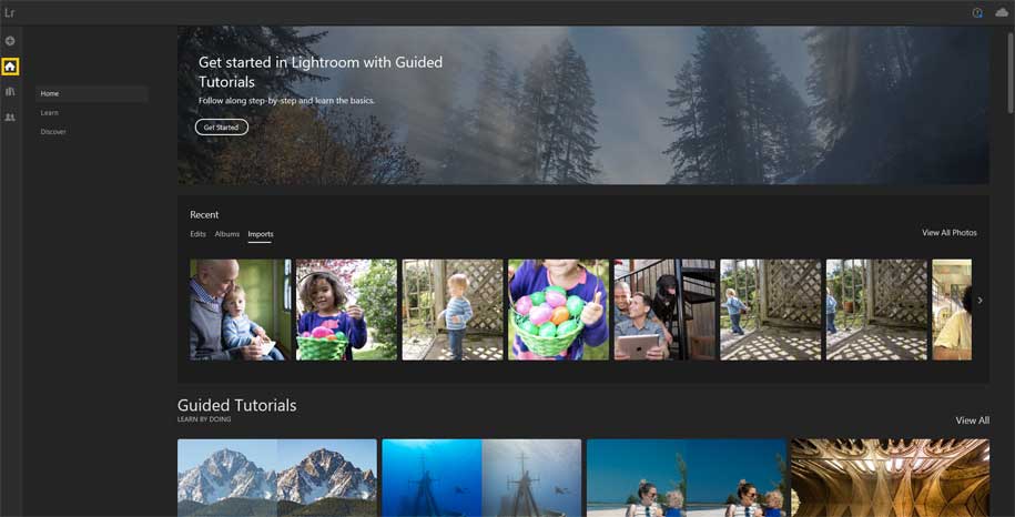 Click icon Home để truy cập hướng dẫn sử dụng Adobe Lightroom 